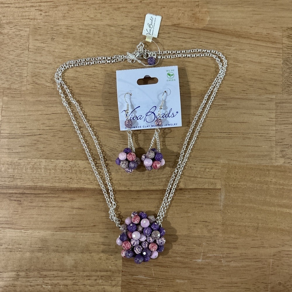 NEW Viva Beads Handmade Necklace Purple Clay Beads & Earrings